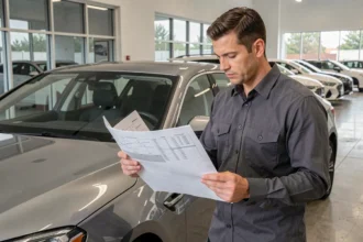 Ingénieur automobile analysant les spécifications techniques d'un modèle fiable de la marque Equation en 2026 dans un showroom moderne