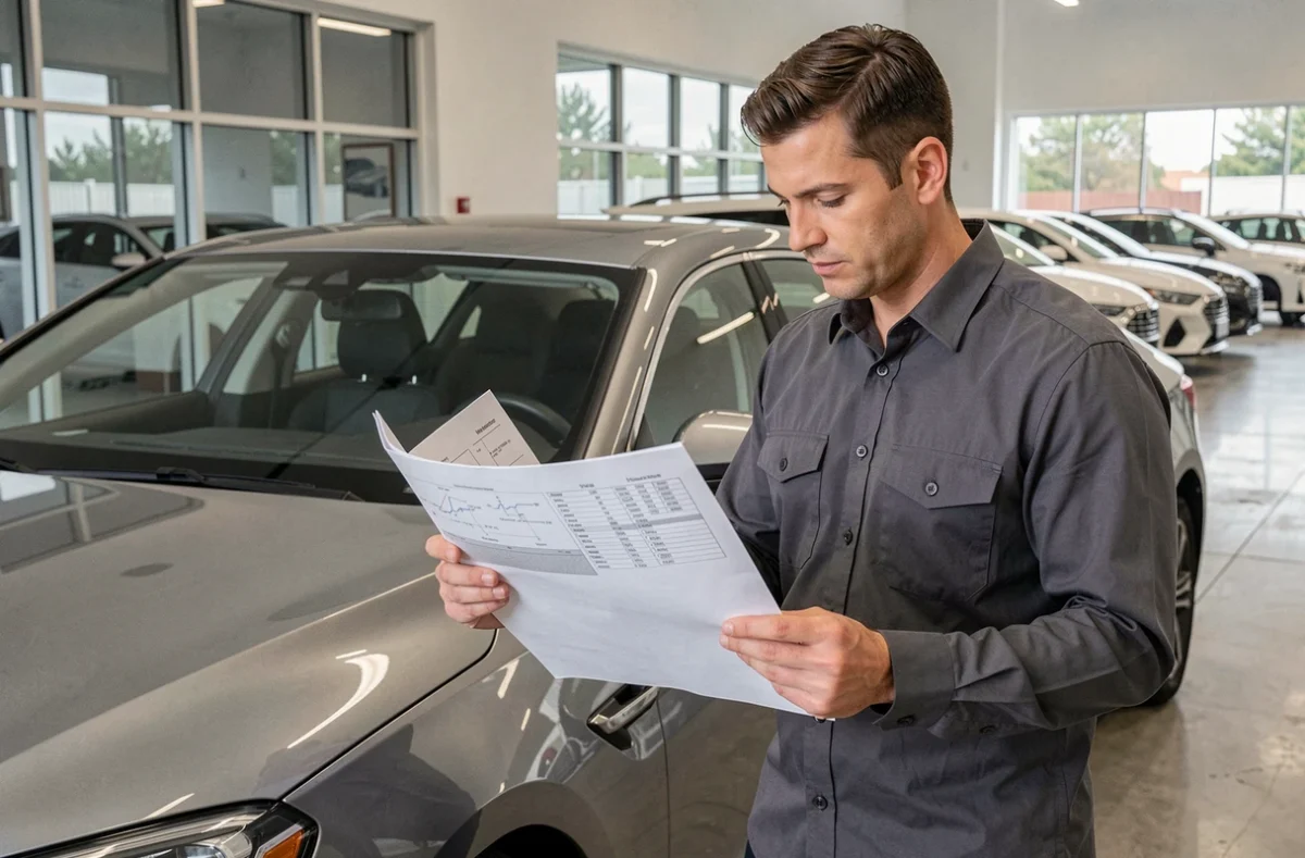 Ingénieur automobile analysant les spécifications techniques d'un modèle fiable de la marque Equation en 2026 dans un showroom moderne