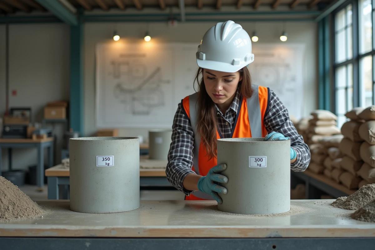 Ingenieur civil inspectant des echantillons de beton en laboratoire