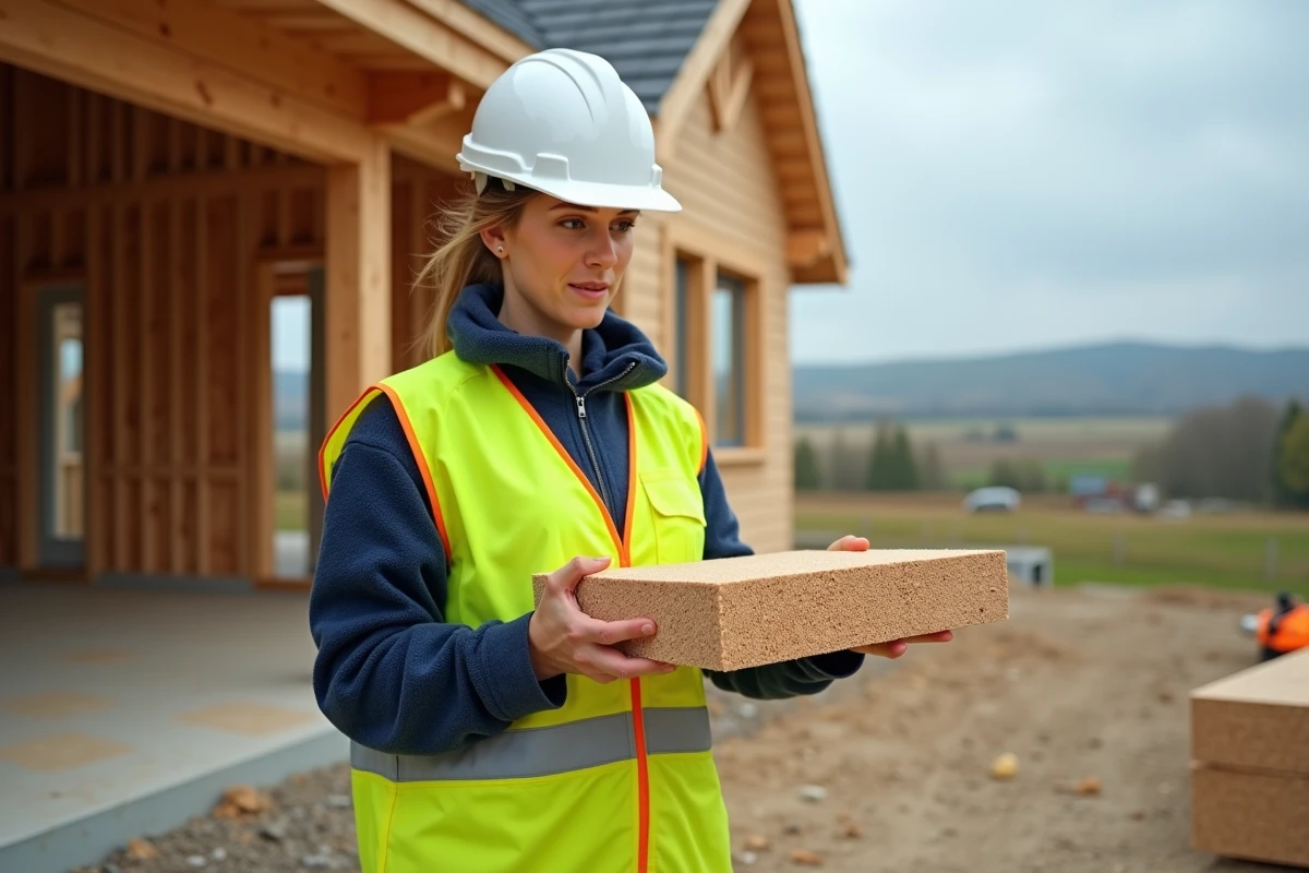Ingénieure en construction tenant un panneau isolant en fibre de bois Homatherm sur un chantier de maison à ossature bois