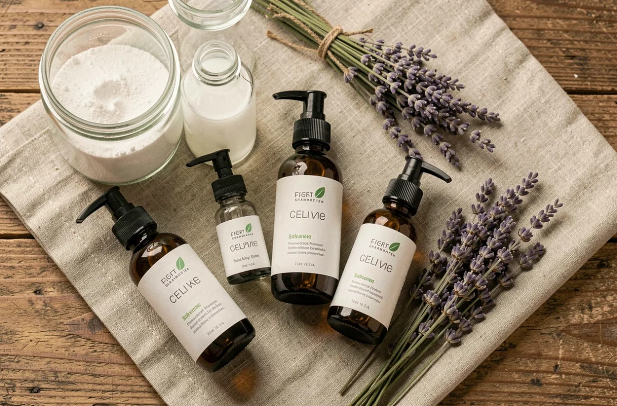 Produits naturels et ingrédients hypoallergéniques pour shampouineuse disposés en flat-lay sur une table en bois