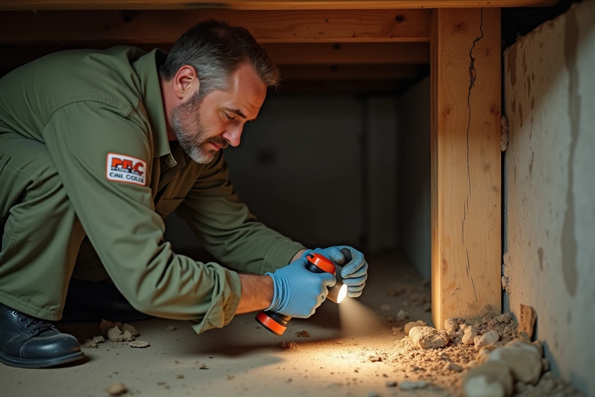 Professionnel de la dératisation inspectant des solives en bois dans un vide sanitaire pour détecter des termites
