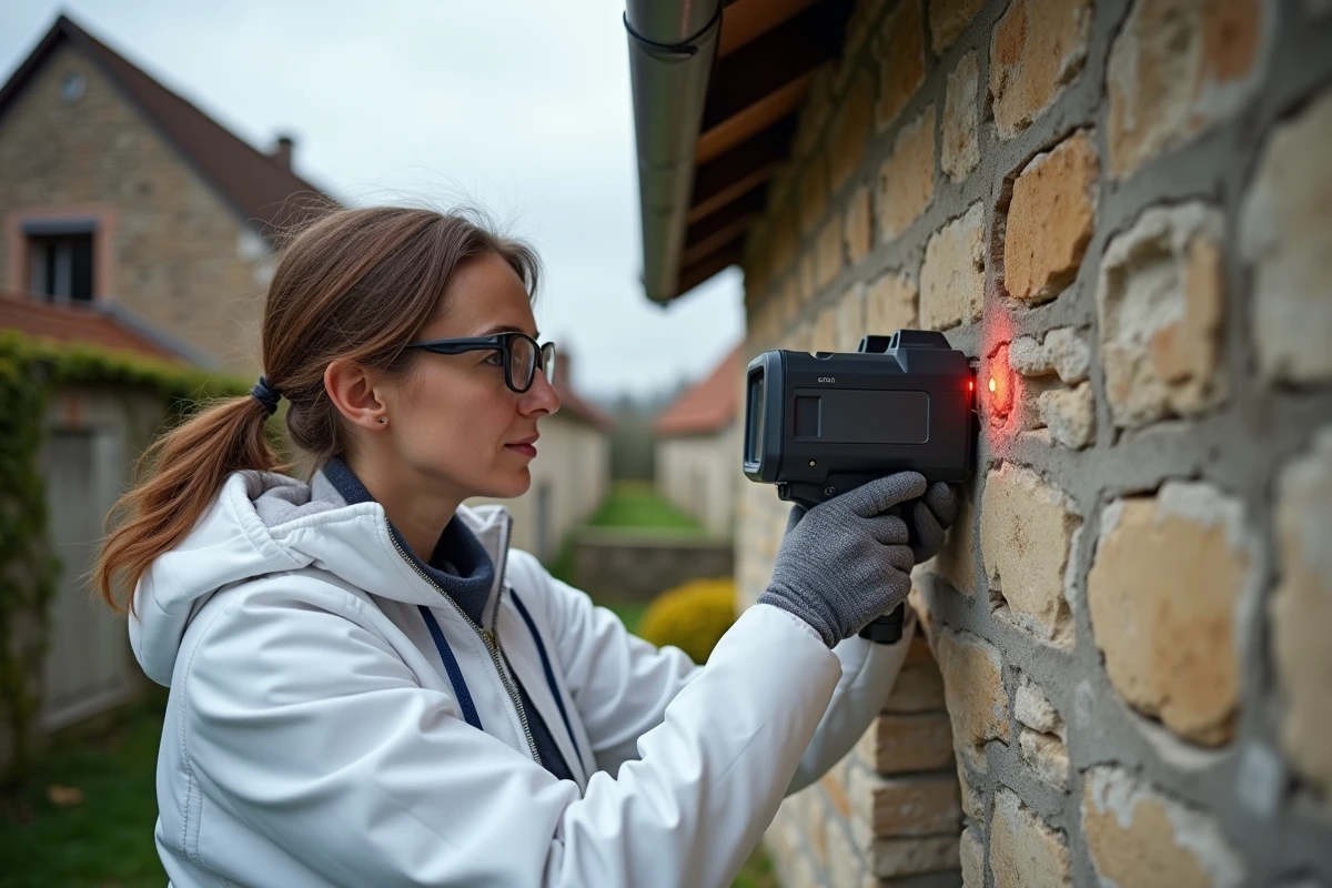 Auditrice thermique réalisant une inspection par caméra infrarouge sur la façade d'une maison ancienne lors d'un audit énergétique