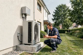 Installateur de pompe à chaleur en Essonne inspectant une unité extérieure devant une maison pavillonnaire
