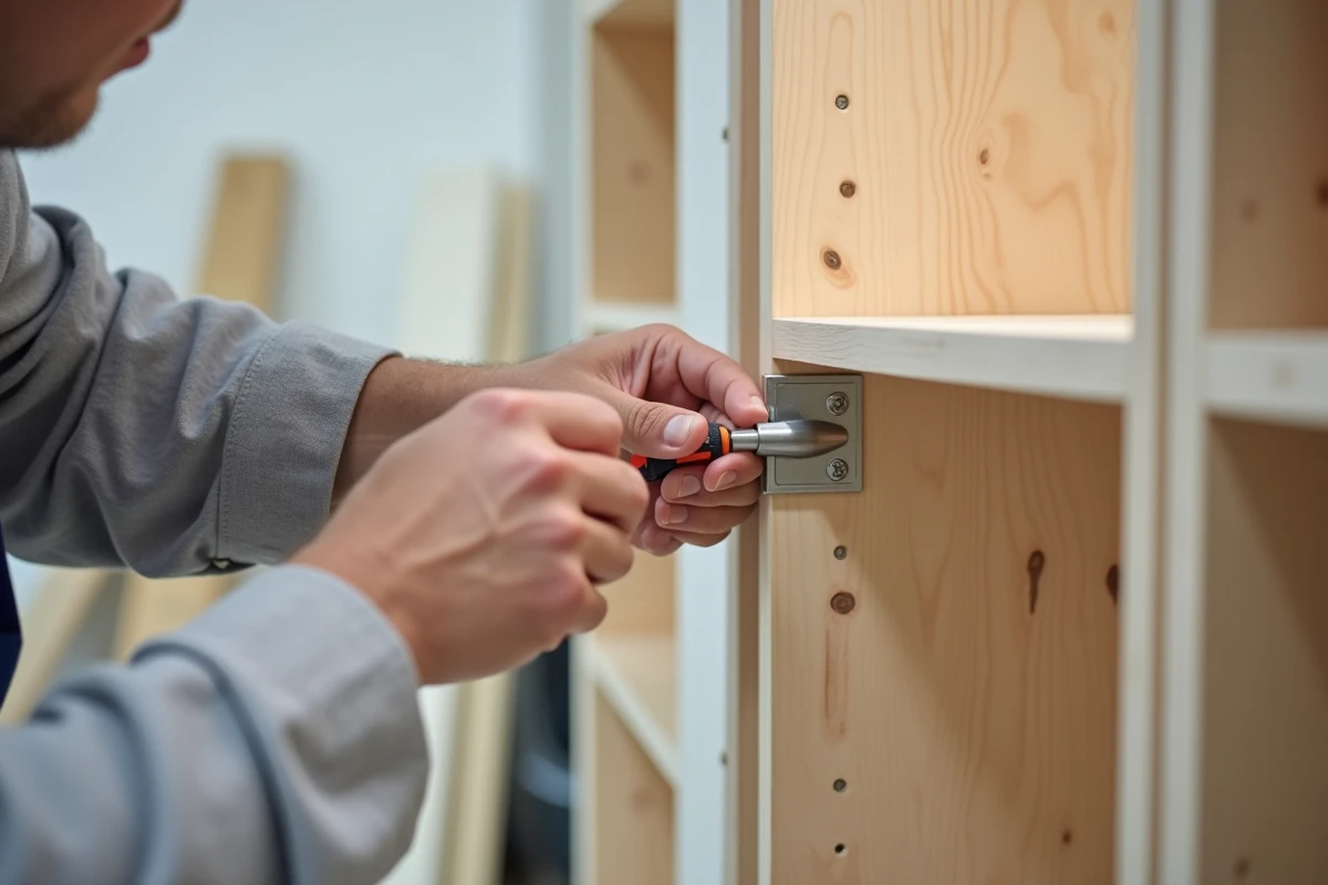 Mains d'un homme fixant une cornière en aluminium sur une étagère en bois lors de l'installation d'un dressing