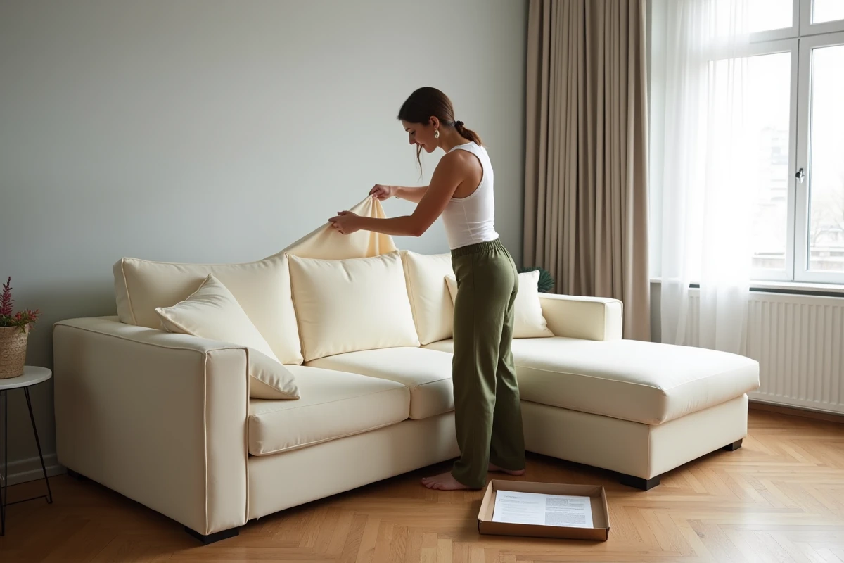 Femme installant une housse de canapé méridienne en tissu extensible ivoire dans un salon moderne