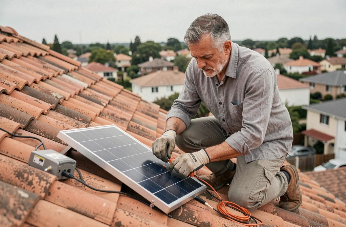 Homme installant un petit panneau solaire portable sur le toit d'une maison individuelle en banlieue
