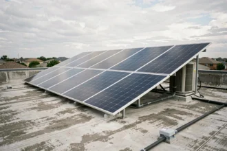 Installation de panneaux solaires et pompe à chaleur sur le toit d'une maison résidentielle moderne