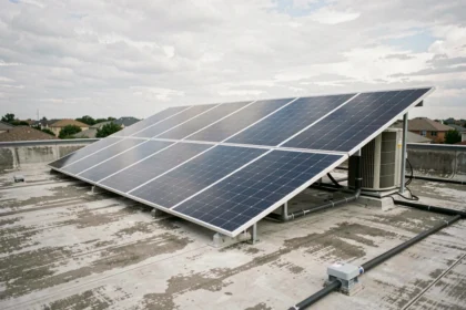 Installation de panneaux solaires et pompe à chaleur sur le toit d'une maison résidentielle moderne