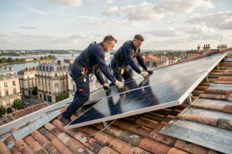 Deux techniciens installant des panneaux solaires sur un toit en tuiles à Bordeaux avec la ville en arrière-plan