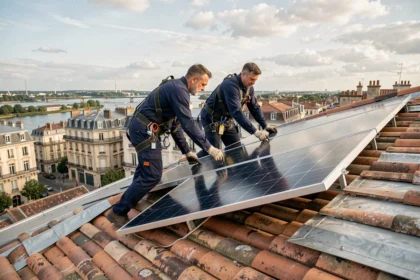 Deux techniciens installant des panneaux solaires sur un toit en tuiles à Bordeaux avec la ville en arrière-plan