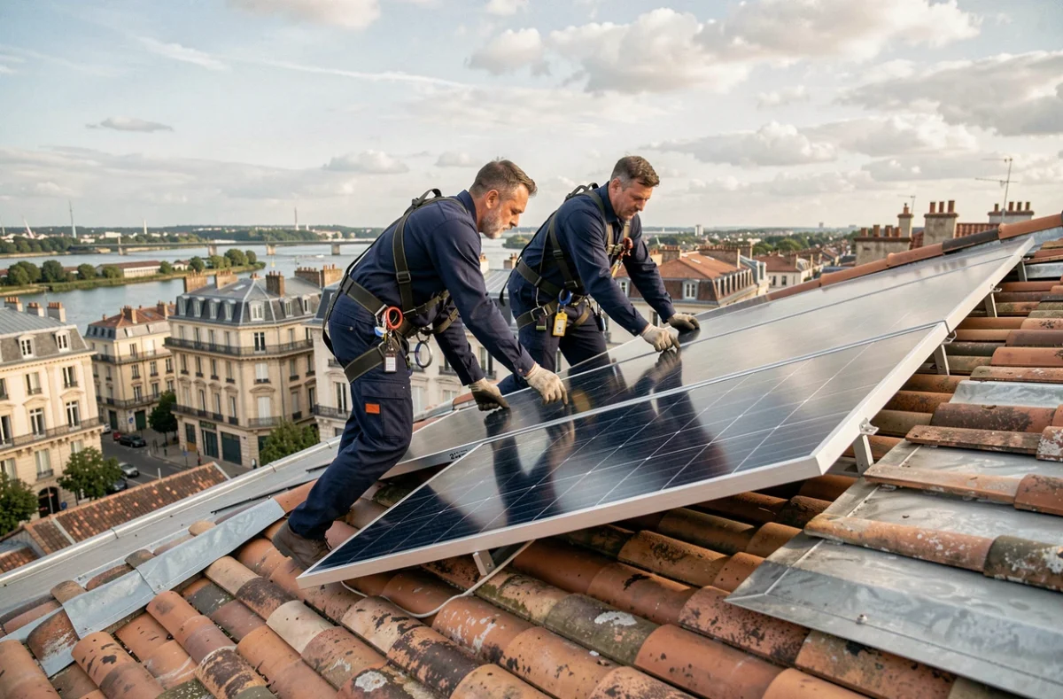 Deux techniciens installant des panneaux solaires sur un toit en tuiles à Bordeaux avec la ville en arrière-plan