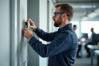 Électricien installant une prise pour goulotte électrique sur un mur de bureau professionnel