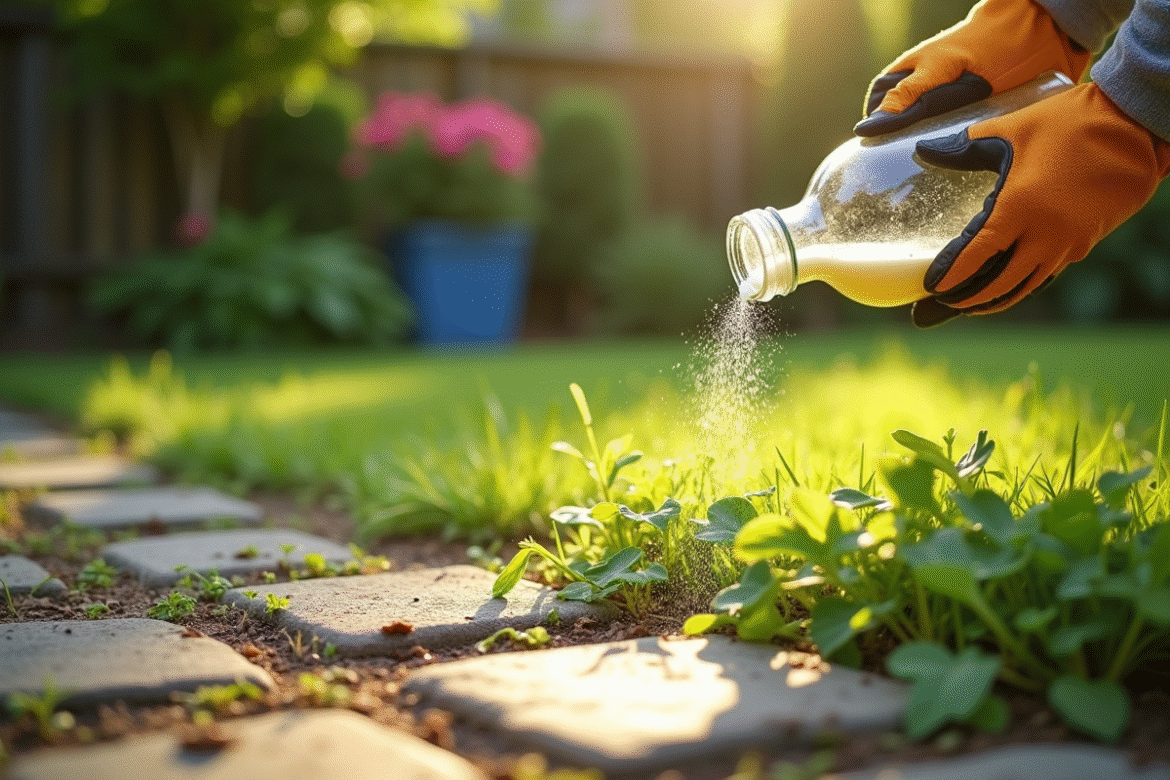 Personne versant un mélange vinaigre et sel sur des mauvaises herbes entre pavés