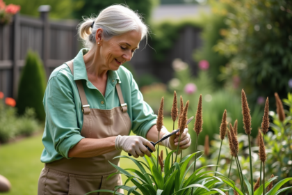 Femme jardiniere taille des lys dans un jardin verdoyant