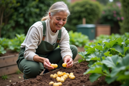 Femme en jardinage saupoudrant des peaux de pommes de terre