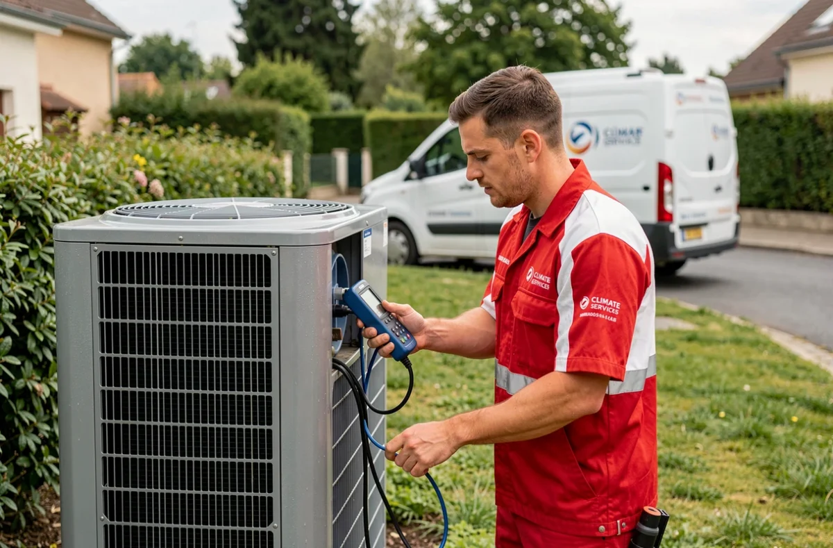 Technicien de JB Climat Service effectuant une maintenance sur une pompe à chaleur dans un jardin résidentiel en Essonne