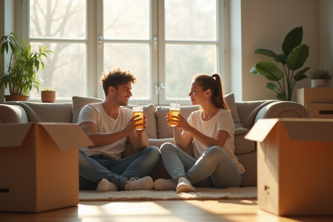 Jeune couple fatigué dans leur salon lumineux après déménagement