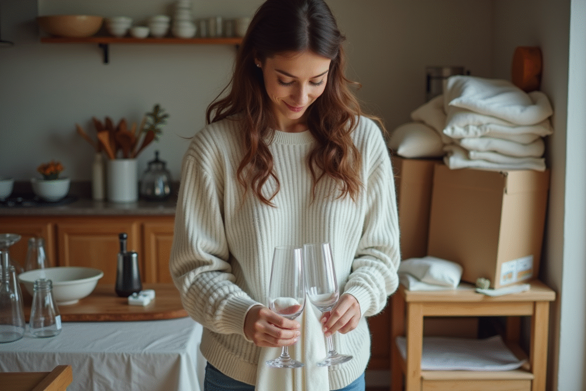 Jeune femme emballant des verres à vin dans la cuisine