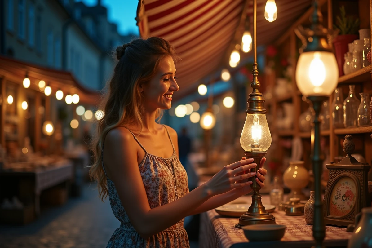 Jeune femme souriante examinant une lampe ancienne la nuit