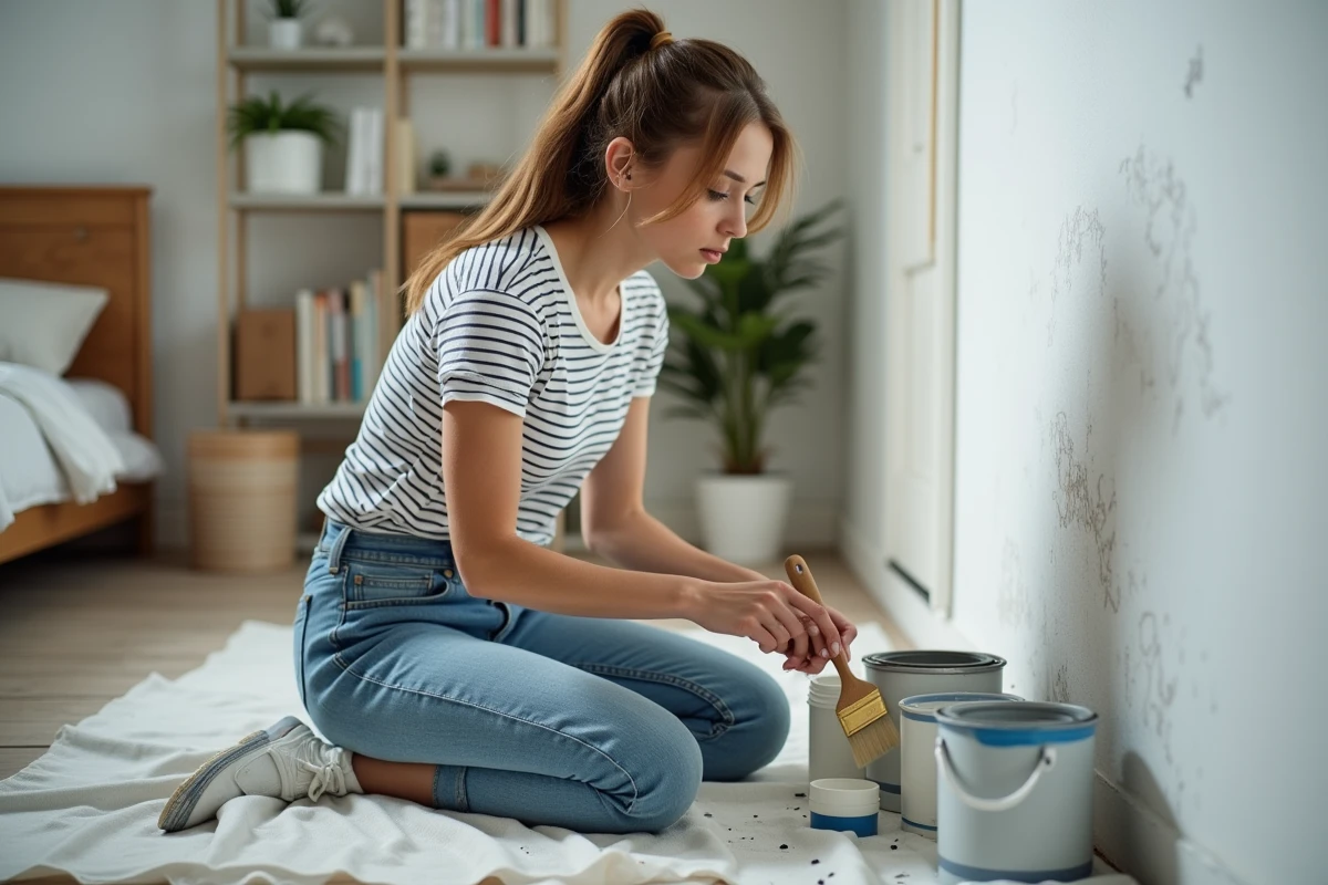 Jeune femme peignant un mur de chambre avec pinceau