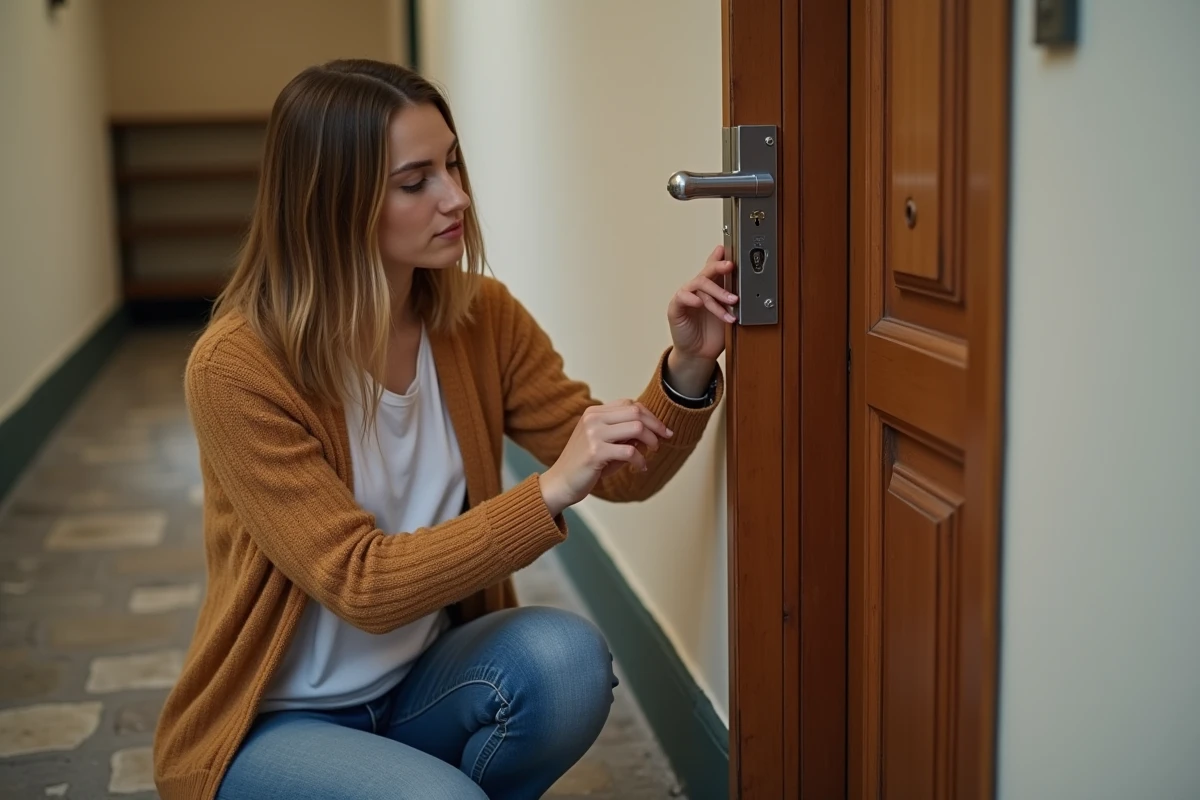 Jeune femme montrant une serrure de porte d appartement