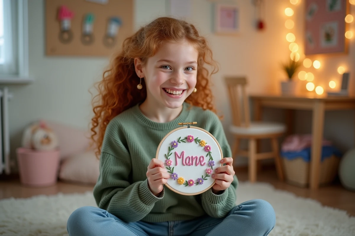 Jeune fille tenant fièrement un tambour brodé avec un prénom personnalisé entouré de fleurs, décoration chambre créative