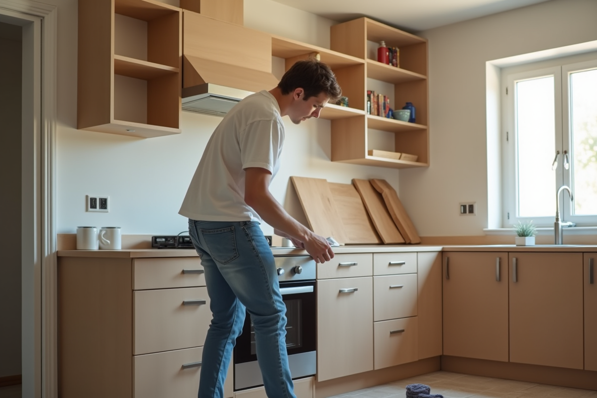 Jeune homme monte des meubles de cuisine dans une maison
