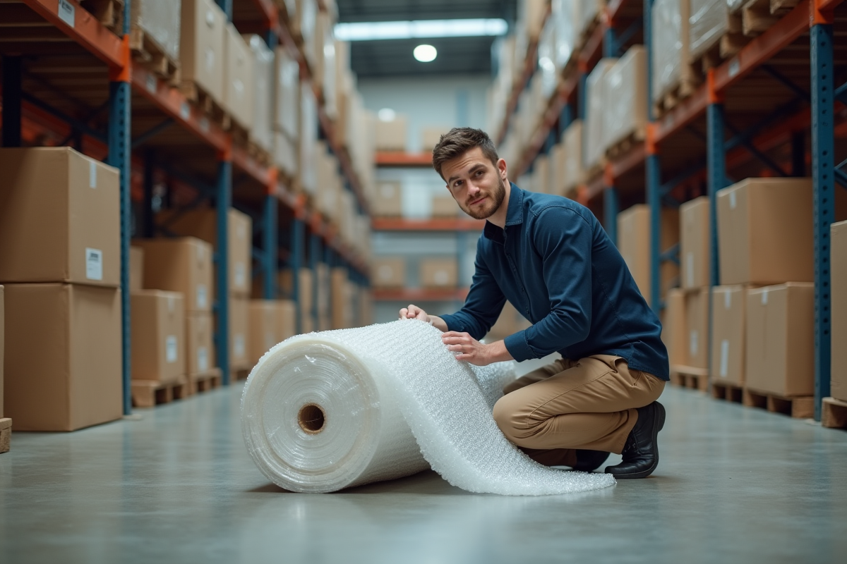 Jeune homme en entrepôt déroulant du bulle de plastique