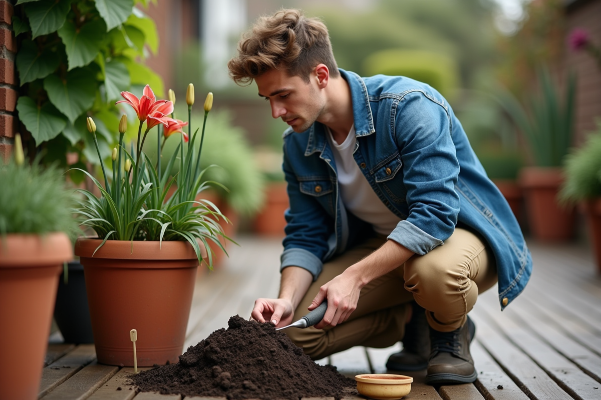 Jeune homme plante des bulbes de lys sur une terrasse
