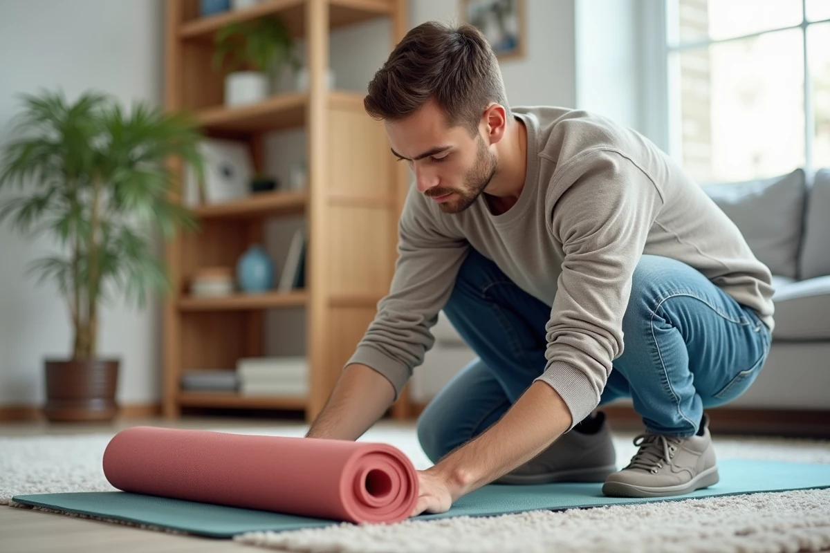Jeune homme examine un tapis de yoga dans un salon lumineux