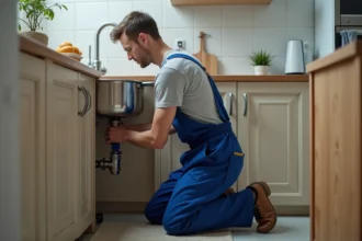 Jeune plombier en cuisine en train de réparer un évier