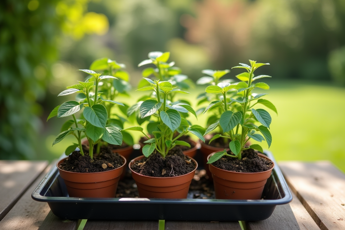 Plateau avec jeunes plants de glycine en pot sur une table ensoleillee