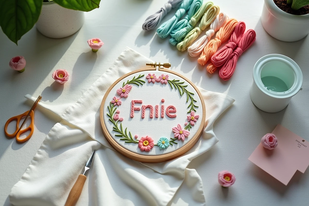 Vue de dessus d'un kit de broderie débutant avec prénom personnalisé, fils colorés et tambour à broder sur lin gris