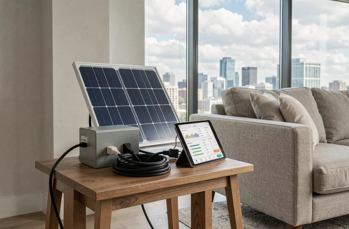 Kit de panneau solaire plug-and-play posé sur une table avec onduleur et application de suivi de consommation