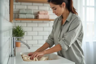 Femme lavant délicatement un vêtement en soie à la main dans un évier en porcelaine avec un produit linge délicat H2O