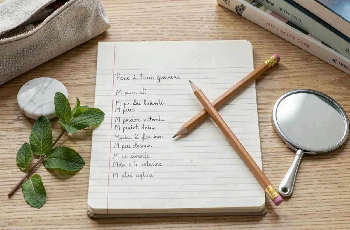 Vue de dessus d'un carnet de jeu avec une liste manuscrite d'objets en M, un crayon et des petits objets du quotidien posés sur un bureau en bois