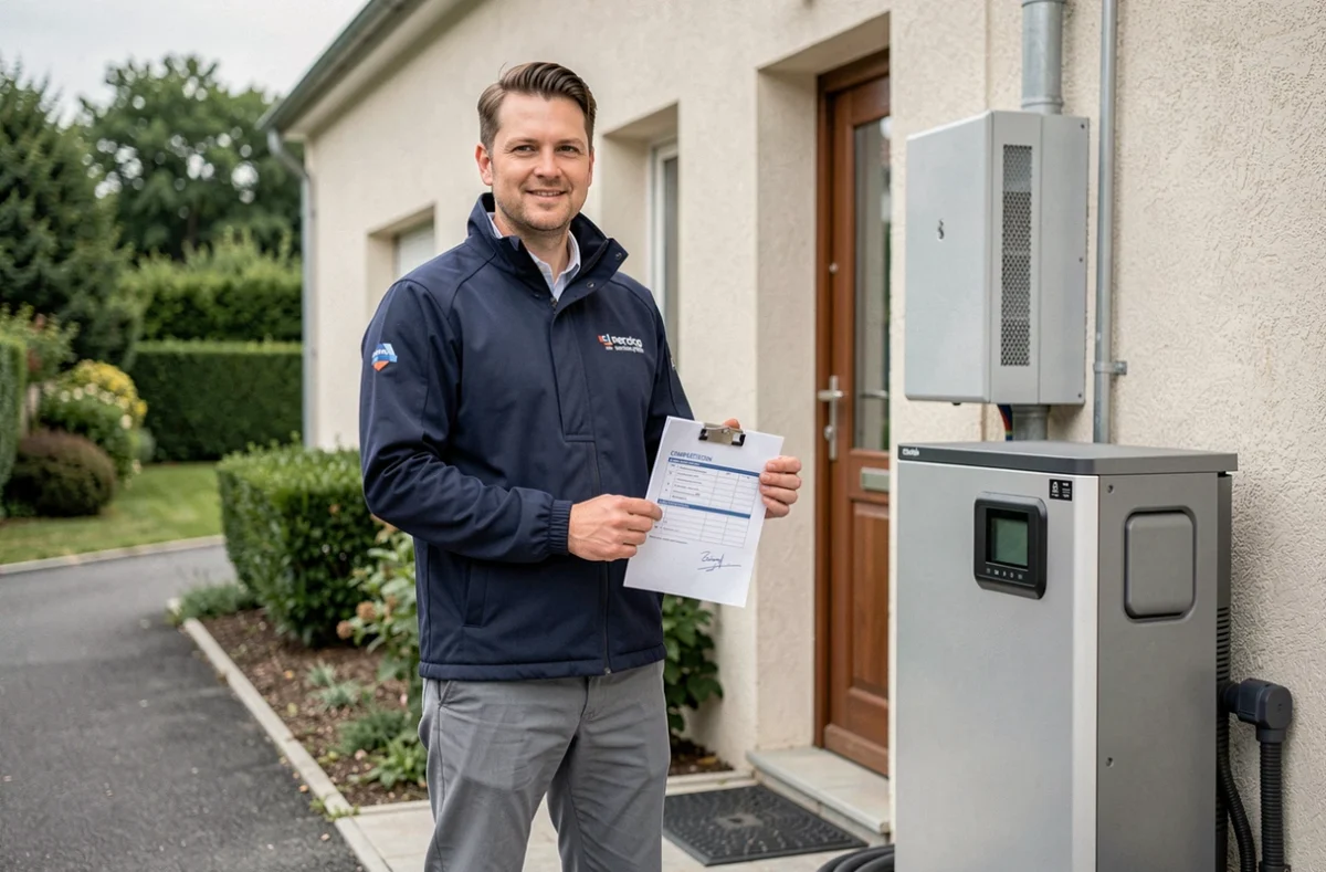 Professionnel de LME Énergie devant une installation de pompe à chaleur terminée sur une maison en Essonne