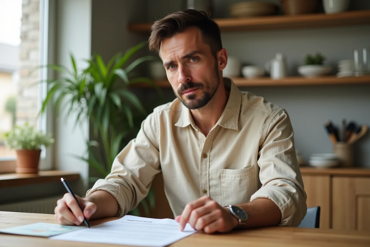 Locataire vérifiant son contrat de location avant d'installer une chatière dans sa porte PVC