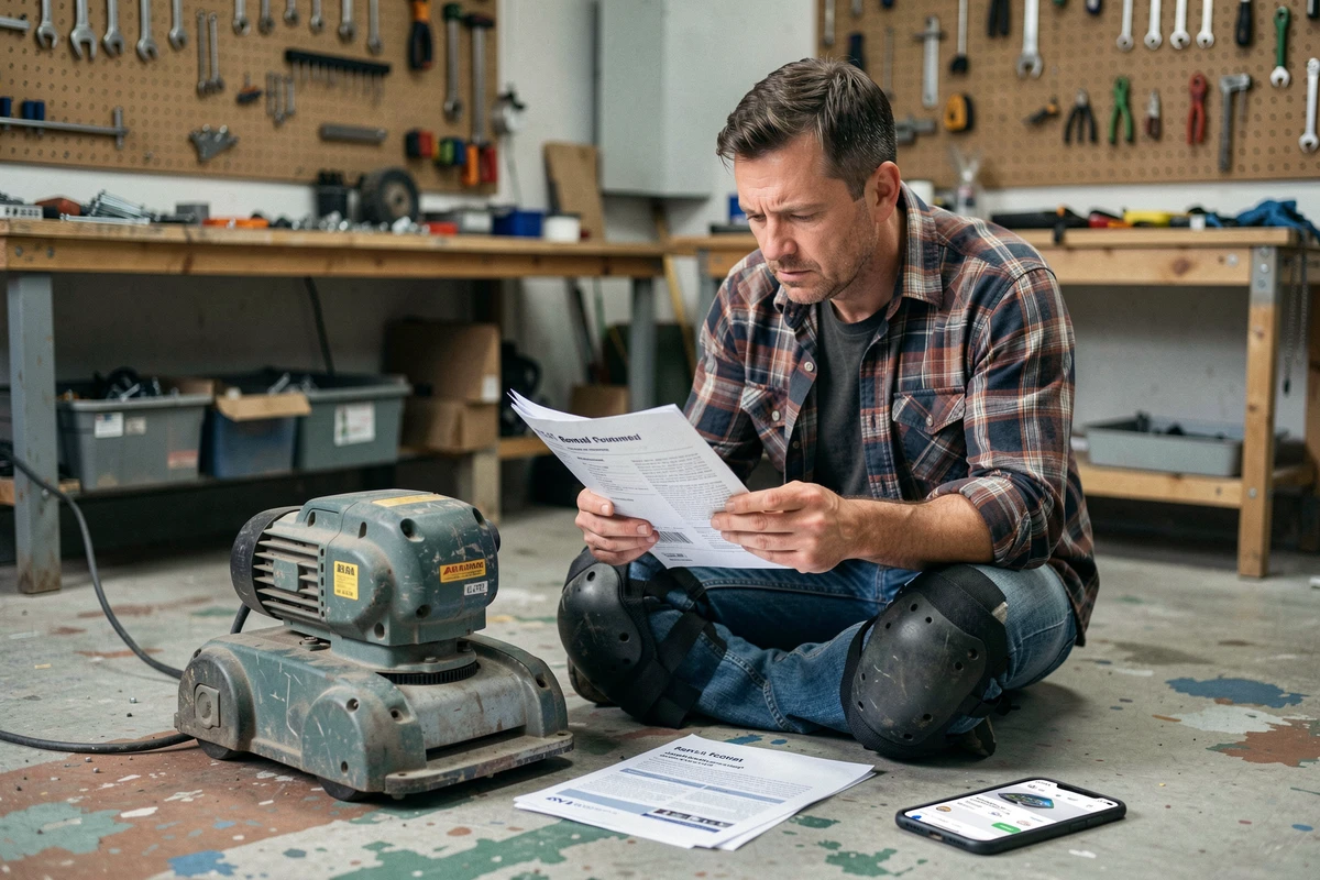 Particulier comparant les prix de location de ponceuse pour sablage au m2 en atelier garage