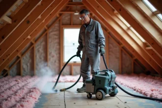 Technicien utilisant une souffleuse à ouate de cellulose en location dans un grenier résidentiel pour isoler le plancher