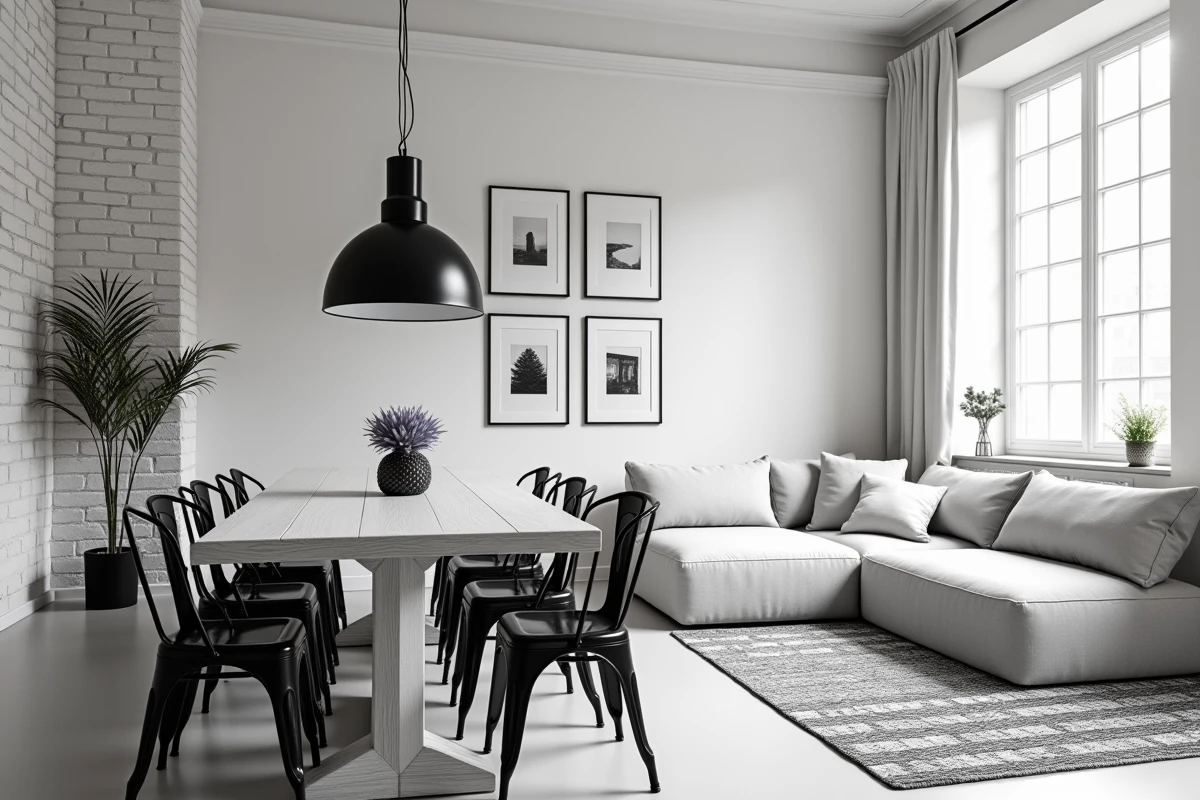 Espace loft ouvert salon salle à manger en noir et blanc avec mur de photos et chaises métal noir