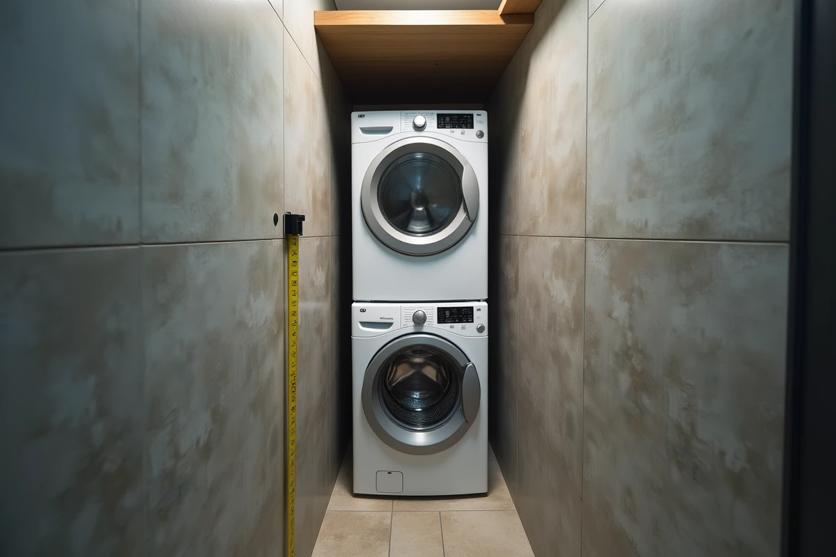 Lave-linge et sèche-linge superposés dans une petite salle de bain avec mesure de la hauteur sous plafond