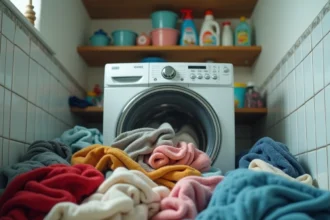 Machine à laver surchargée avec du linge débordant du hublot, illustrant un mauvais dosage du poids de linge