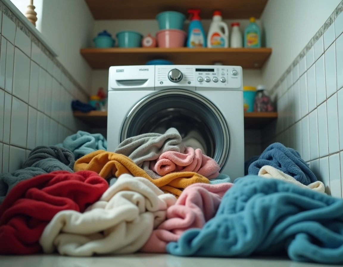 Machine à laver surchargée avec du linge débordant du hublot, illustrant un mauvais dosage du poids de linge