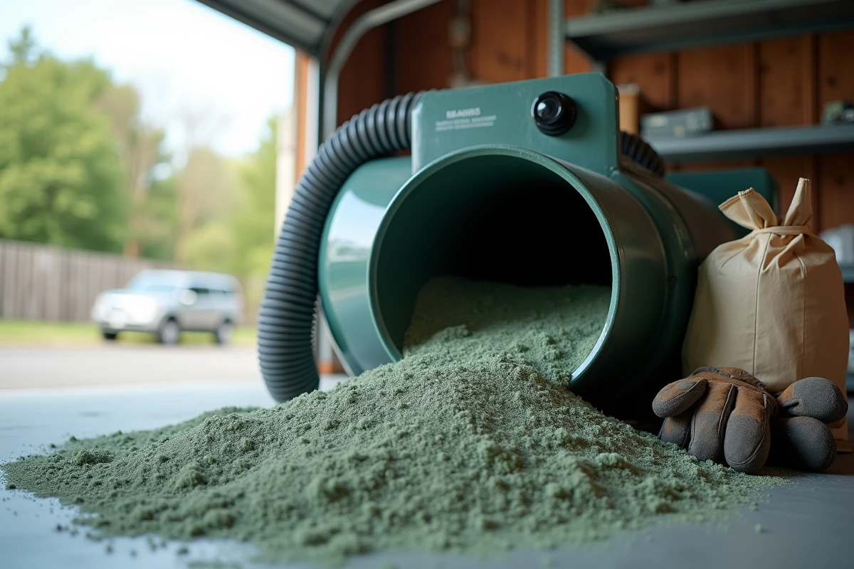 Machine souffleuse à ouate de cellulose en location avec tuyau flexible et sac d'isolant ouvert dans un garage