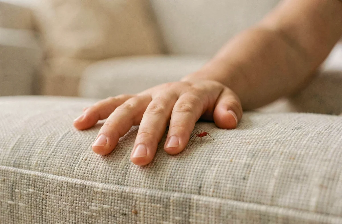 Main de jeune enfant sur un coussin de canapé avec un petit insecte rouge visible sur le tissu, illustrant les risques pour les nourrissons