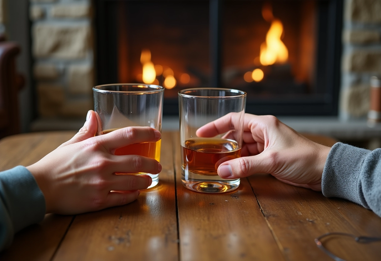 Mains d un jeune et d un vieil homme présentant deux verres de whisky