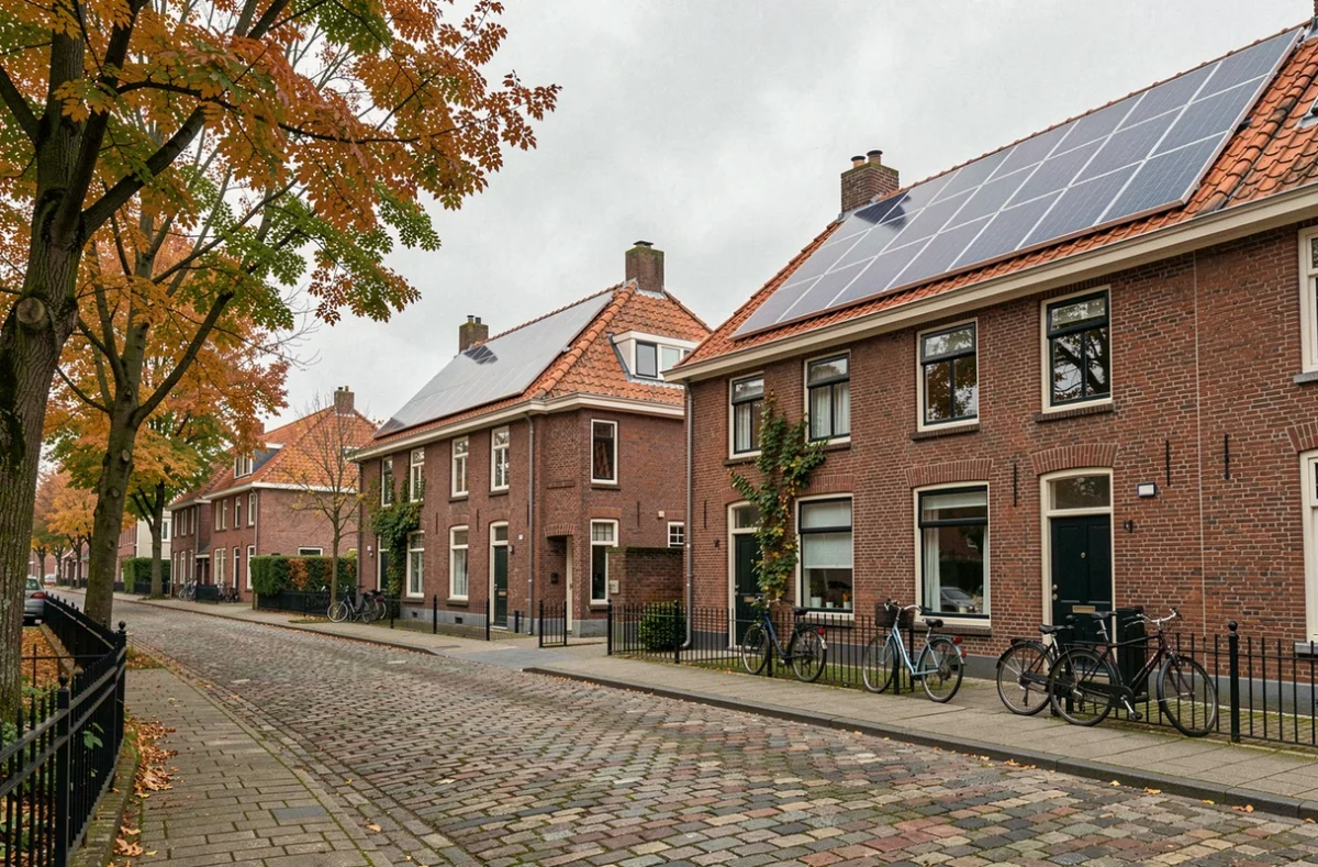 Maisons traditionnelles en briques rouges à Lille équipées de panneaux solaires sur les toits