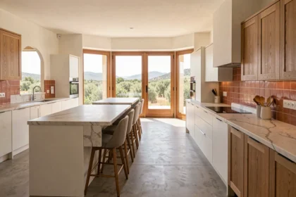 Showroom de cuisinistes en Corse avec plusieurs modèles de cuisines modernes et méditerranéennes exposés